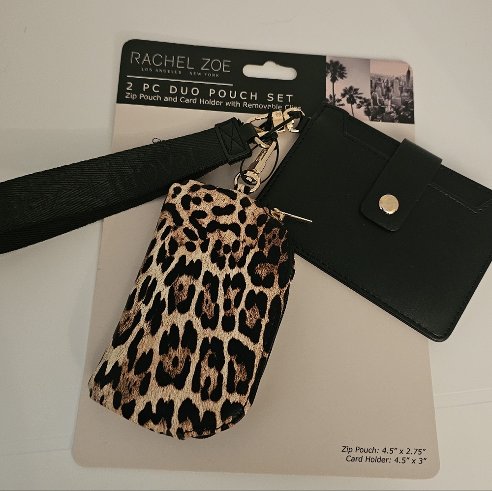 Rachel Zoe Black Card Holder Wristlet And Leopard Print Pouch Set New